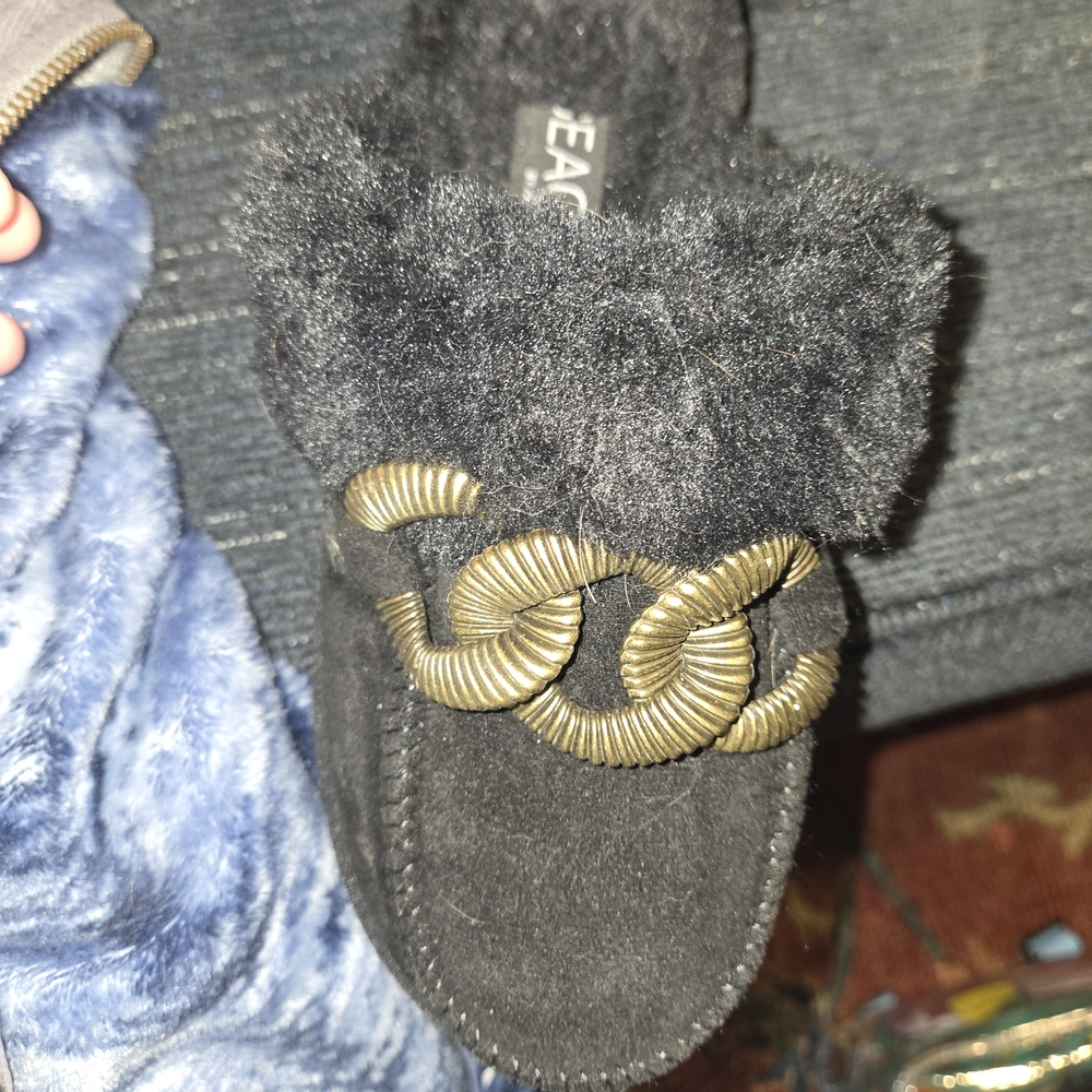 Black Faux Fur Slip-On Mule with Decorative Gold Chain Accent